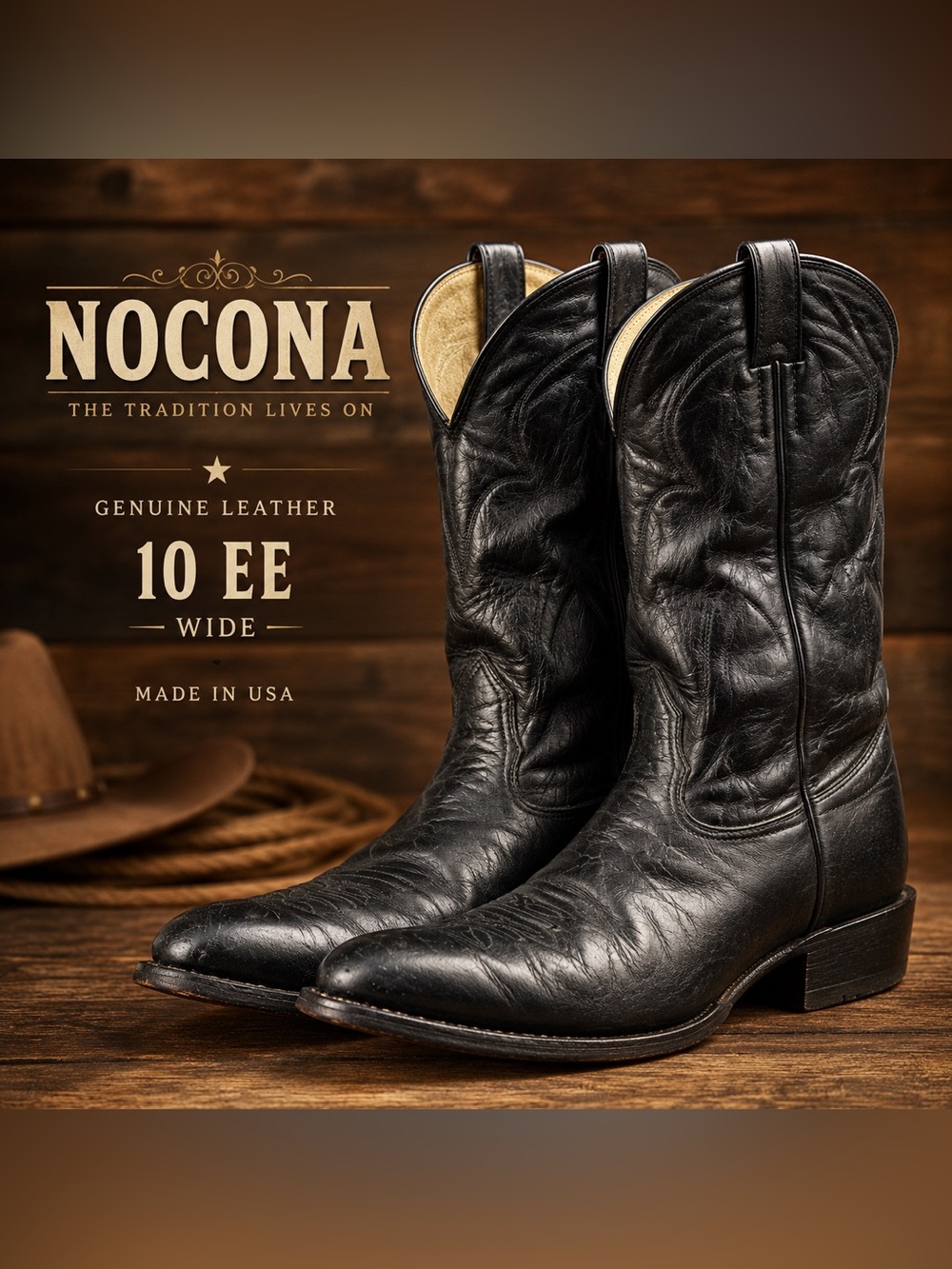 Vintage Nocona X3210 Black Leather Western Cowboy Boots 10.5 EE Made in USA